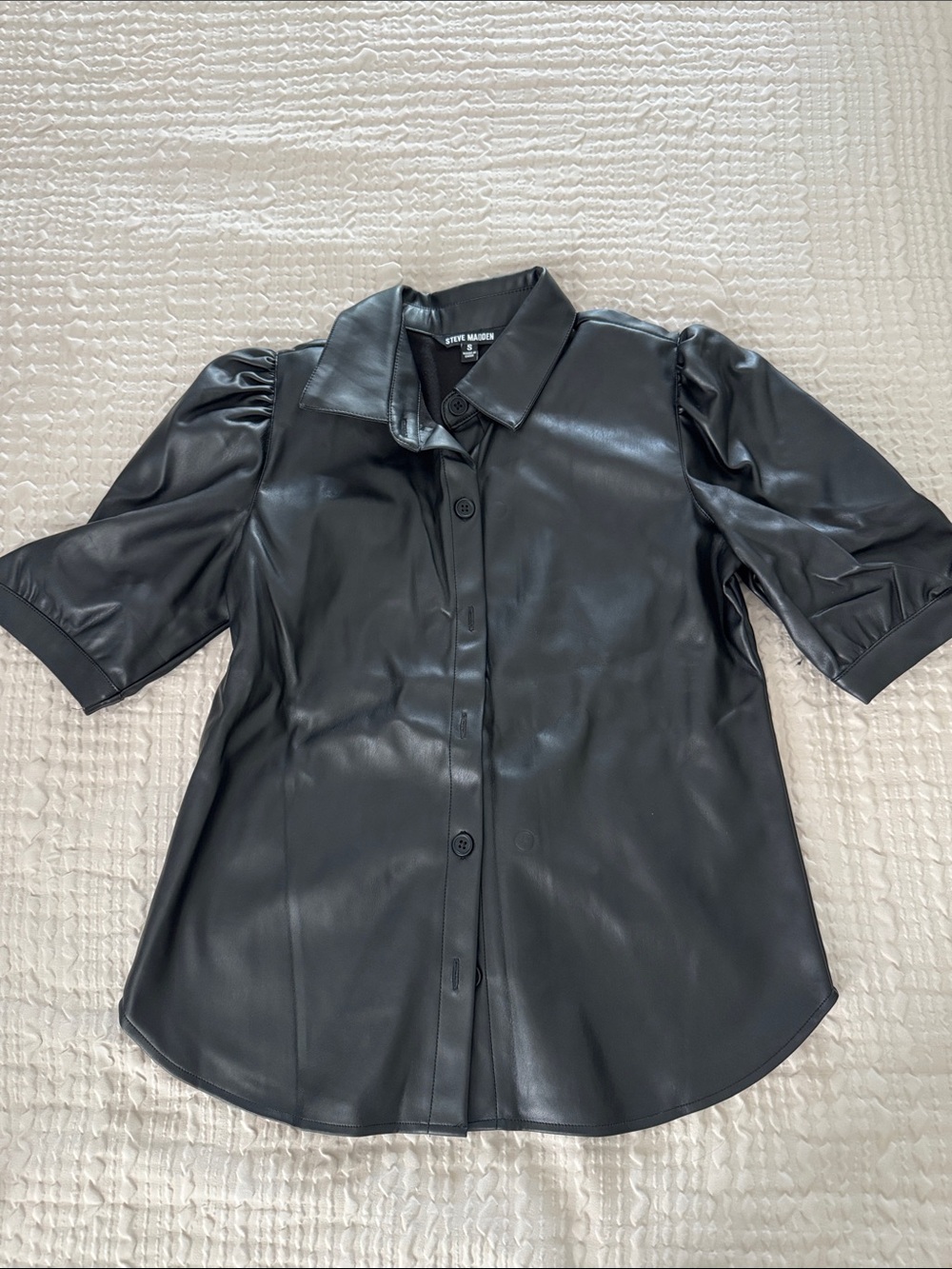 Steve Madden Black Faux Leather Short Sleeve Button-Front Shirt